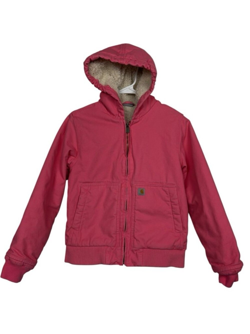 Carhartt Jacket Girls Medium 10/12 Pink Canvas Sherpa Lined Hood Full Zip